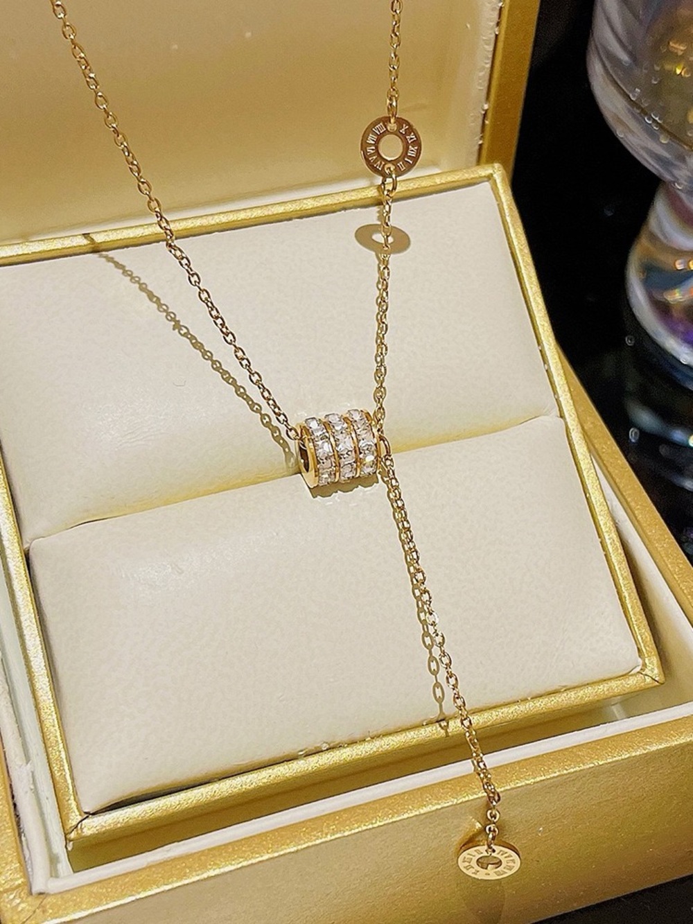 Titanium Steel Gold Crystal Slide Lariat Necklace - Women Jewelry